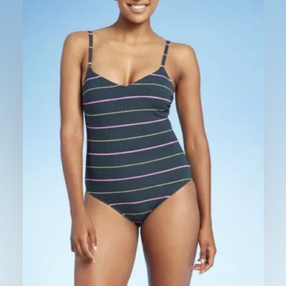 Kona Sol Striped Swimsuit Gray and Pink Size Large